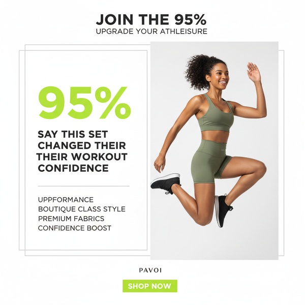 workout set, activewear set, gym set, fitness set, athletic wear, exercise outfit, sports bra set, social proof, brand awareness, minimalist, energetic, trustworthy, green, neutral